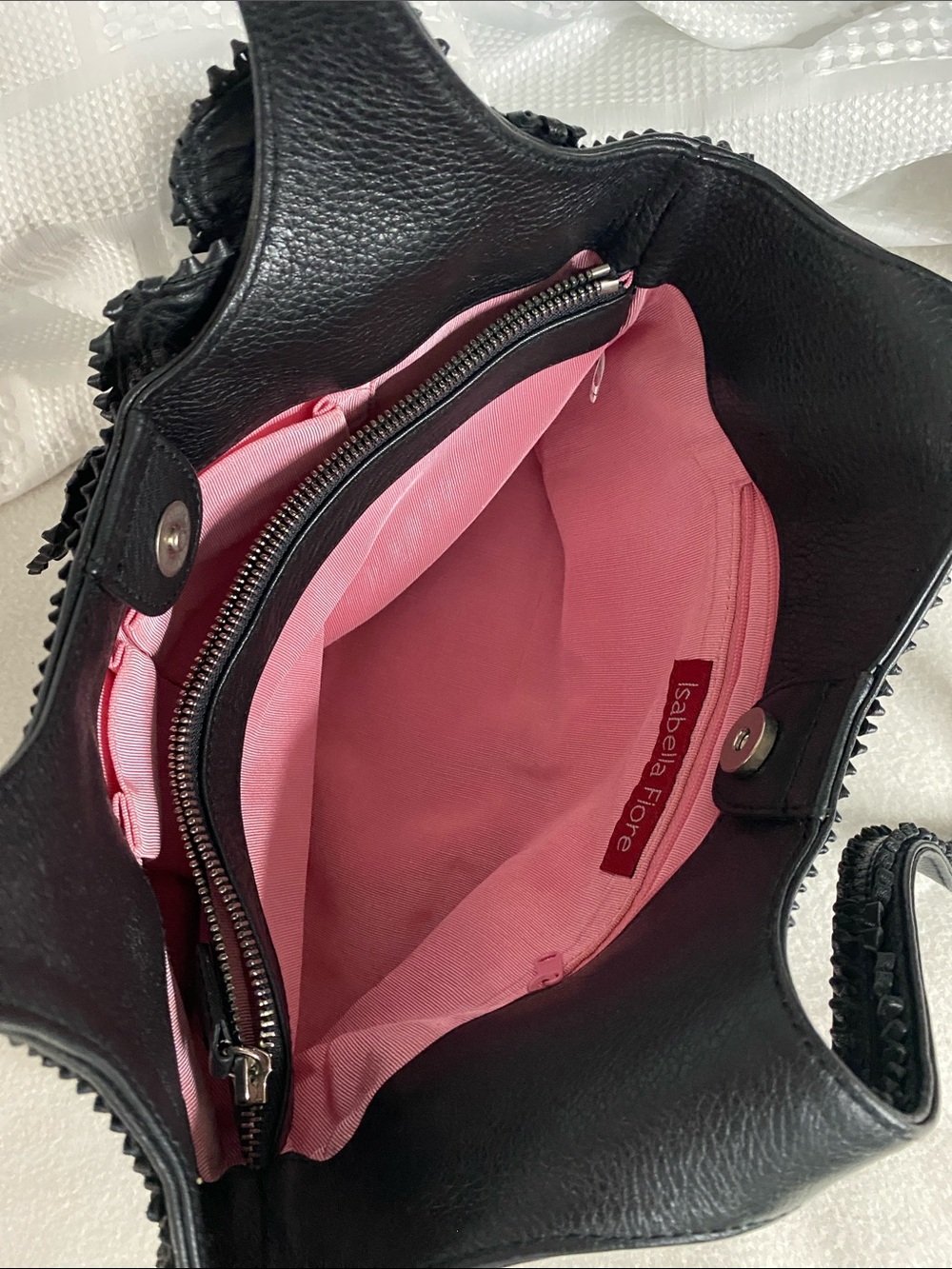 Isabella Fiore Black Pebbled Leather floral appliqué  Satchel Y2K Shoulder Bag - Picture 6 of 10
